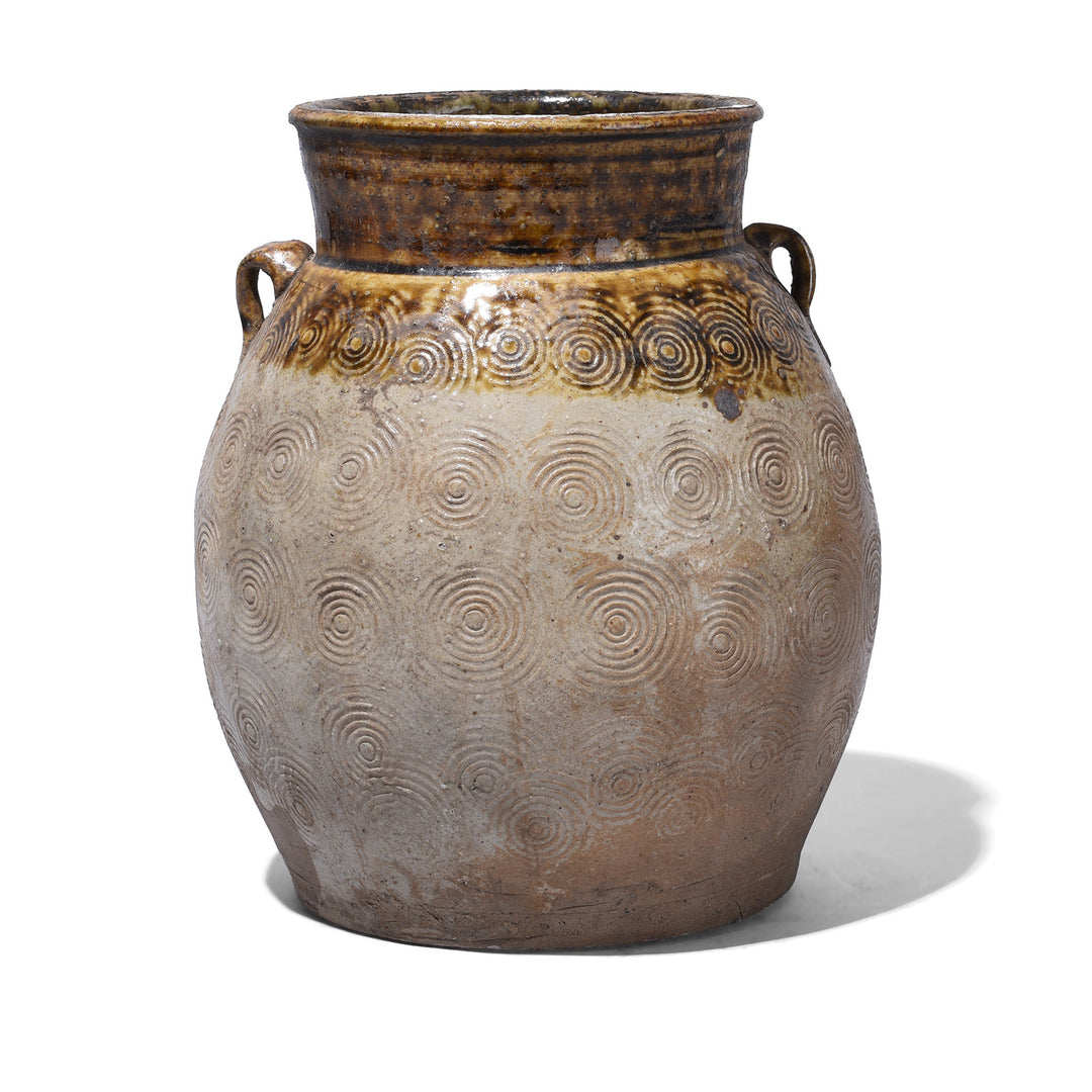 Option 3 Vintage Glazed Earthenware Jar From Yunnan With Incised Spiral Decoration And Lug Handles
