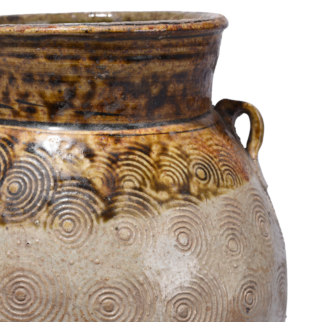 Detail From Option 3 Vintage Glazed Earthenware Jar From Yunnan With Incised Spiral Decoration And Lug Handles