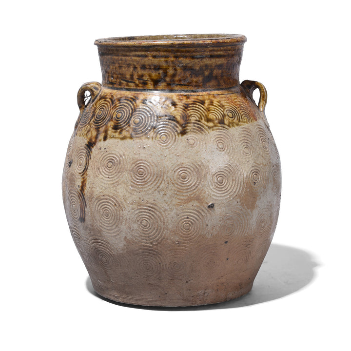 Option 3 Vintage Glazed Earthenware Jar From Yunnan With Incised Spiral Decoration And Lug Handles