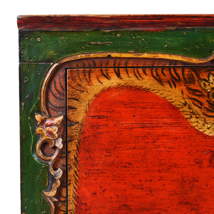 Corner Detail Showing Paintwork On Painted Qinghai Tiger Cabinet With Original Floral Panels Detail | Indigo Antiques