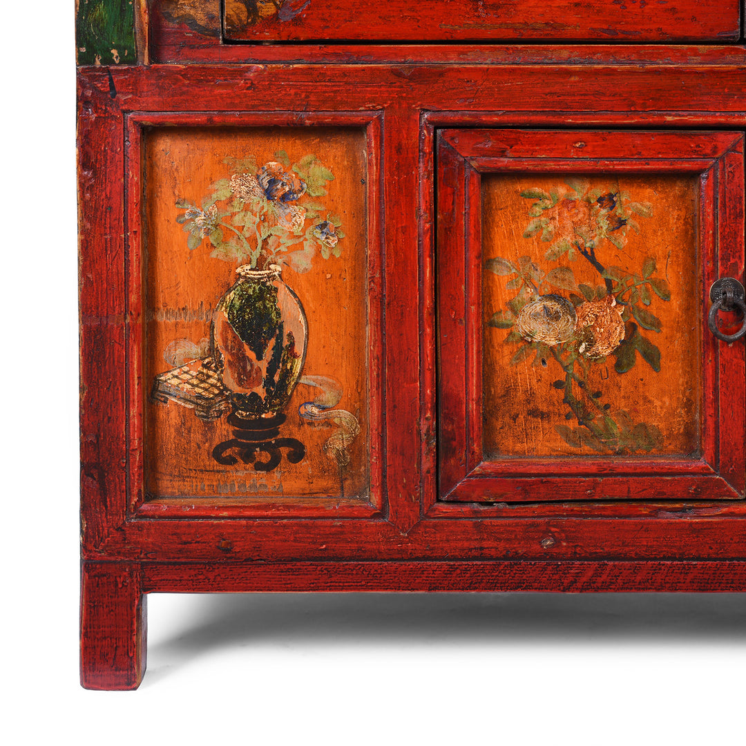 Lower Panel Artwork Detail From Painted Qinghai Tiger Cabinet With Original Floral Panels Detail | Indigo Antiques