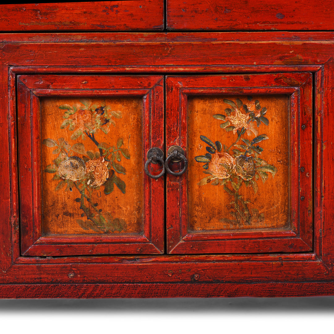 Lower Doors Artwork Detail From Painted Qinghai Tiger Cabinet With Original Floral Panels Detail | Indigo Antiques