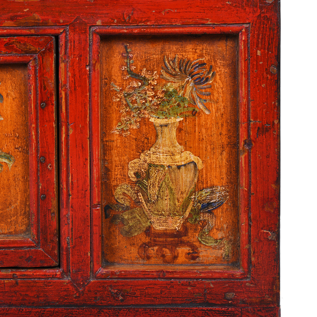 Vase And Flowers Detail From Painted Qinghai Tiger Cabinet With Original Floral Panels Detail | Indigo Antiques
