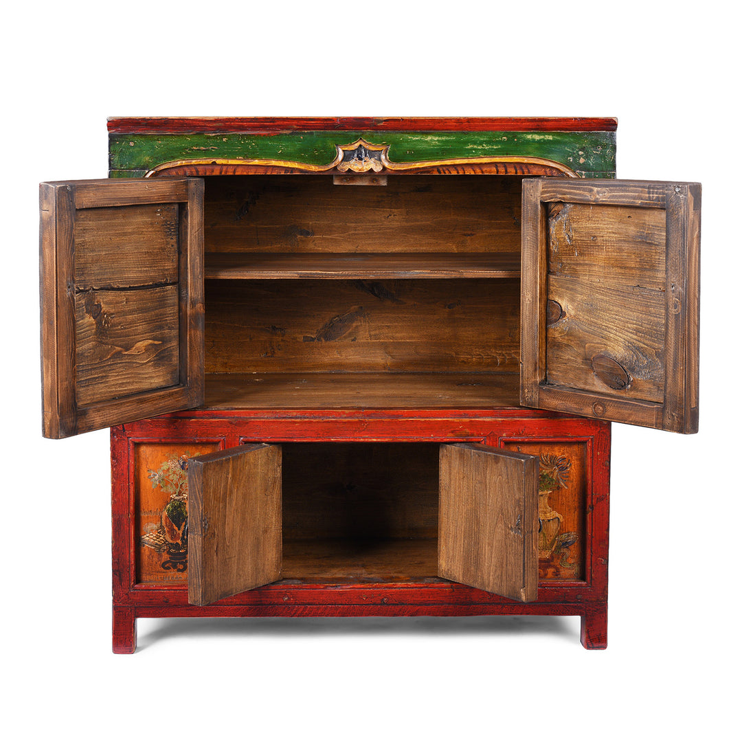Interior Of Painted Qinghai Tiger Cabinet With Original Floral Panels Detail | Indigo Antiques