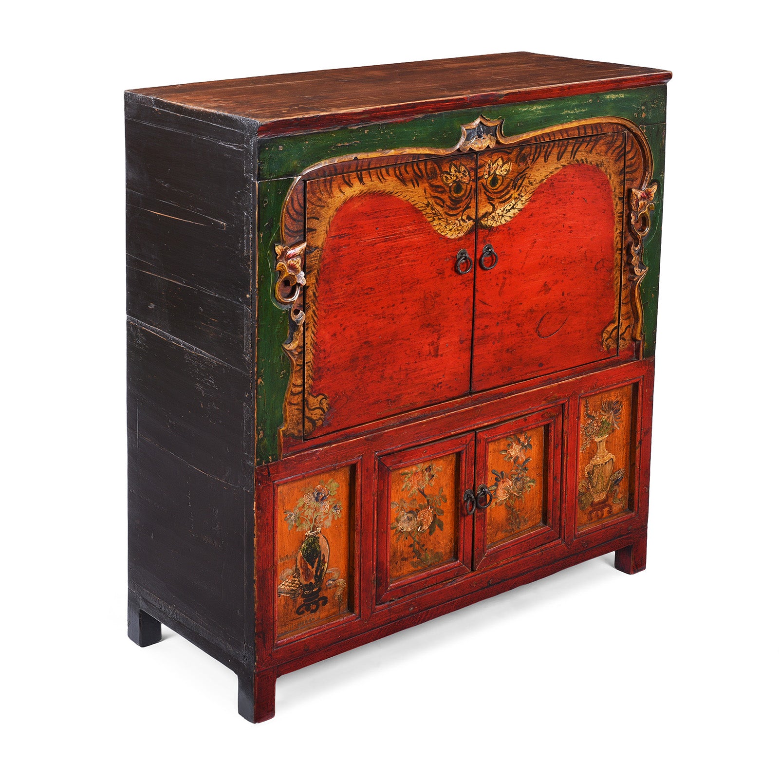 Angled View Of Painted Qinghai Tiger Cabinet With Original Floral Panels Detail | Indigo Antiques