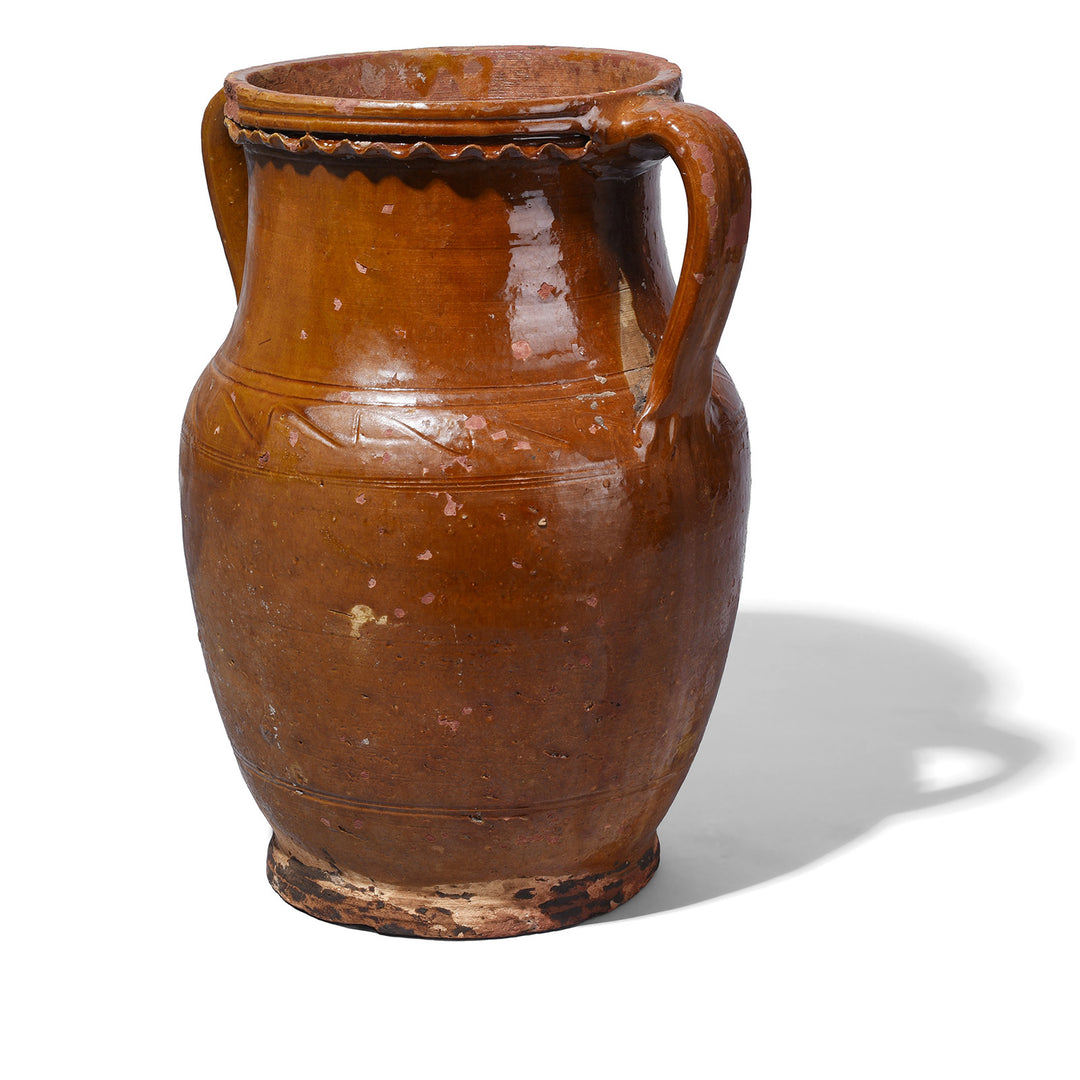 Angled VIew Of Copper Brown Sancai Glazed Terracotta Vase With Twin Handles From Yunnan Province China | Indigo Antiques