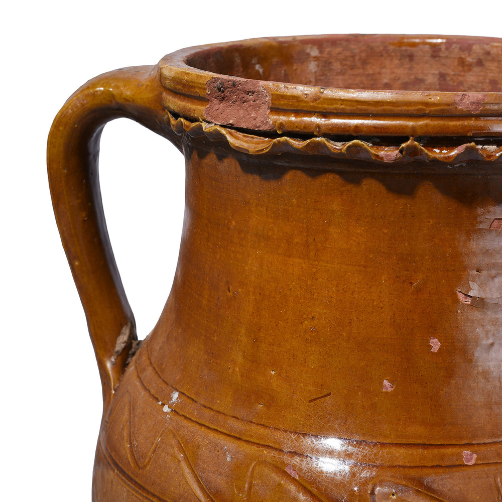 Handle And Chip Detail From Copper Brown Sancai Glazed Terracotta Vase With Twin Handles From Yunnan Province China | Indigo Antiques