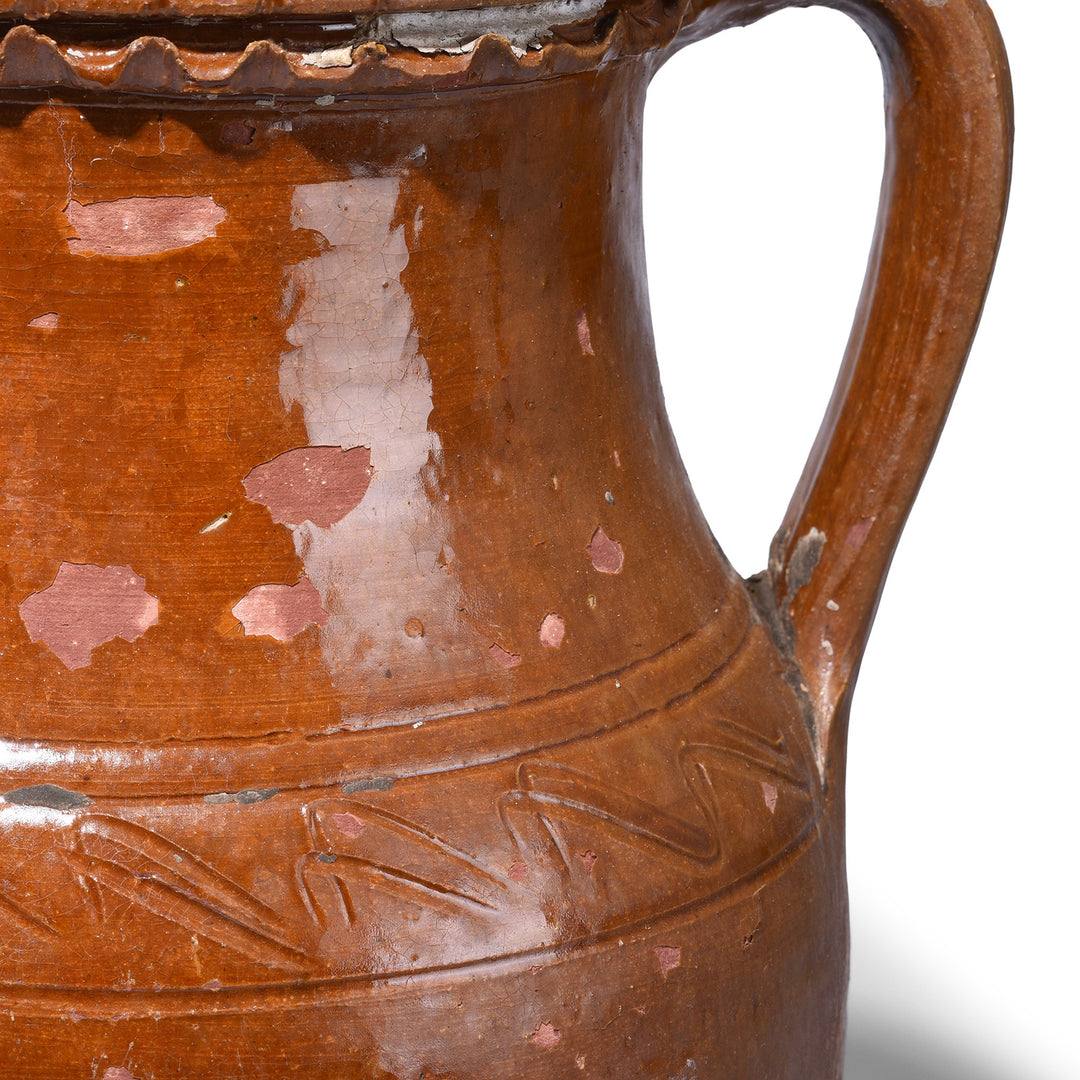 Design Detail From Copper Brown Sancai Glazed Terracotta Vase With Twin Handles From Yunnan Province China | Indigo Antiques