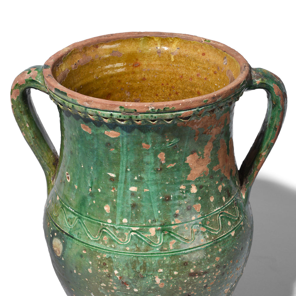 Rim Detail From Distressed Green Sancai Glazed Terracotta Vase With Twin Handles From Yunnan Province China | Indigo Antiques