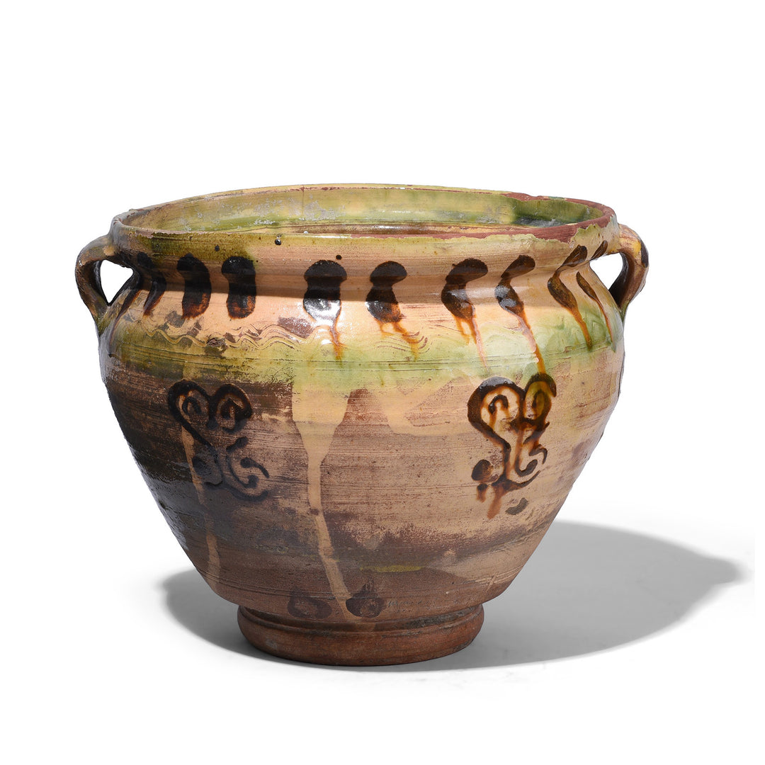 Beige Rustic Sancai Glazed Terracotta Vessel From Yunnan Province With Twin Loop Handles And Naturally Aged Surface Patina | Indigo Antiques 