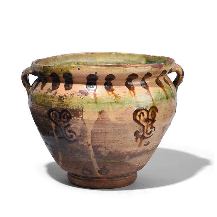 Beige Rustic Sancai Glazed Terracotta Vessel From Yunnan Province With Twin Loop Handles And Naturally Aged Surface Patina | Indigo Antiques 