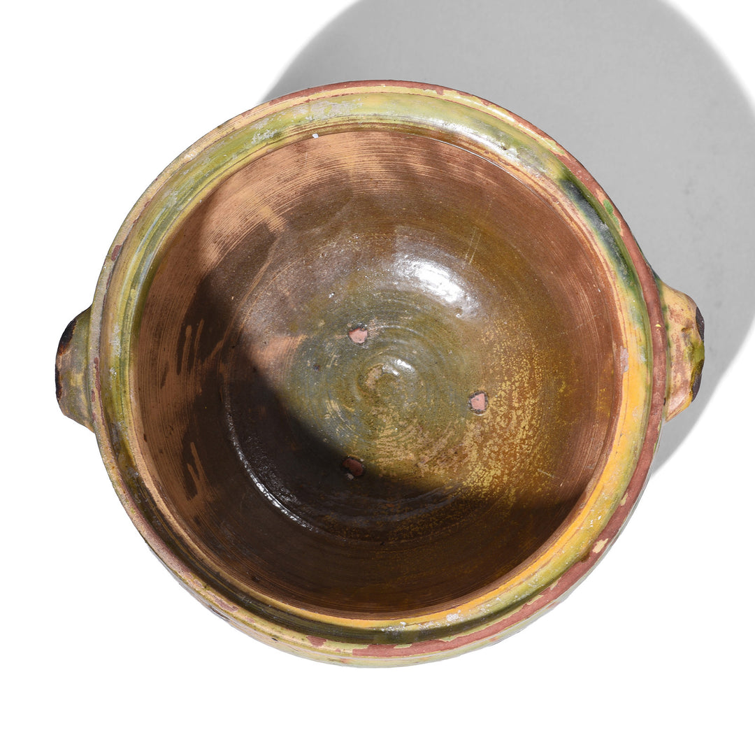 Interior Of Beige Rustic Sancai Glazed Terracotta Vessel From Yunnan Province With Twin Loop Handles And Naturally Aged Surface Patina | Indigo Antiques 