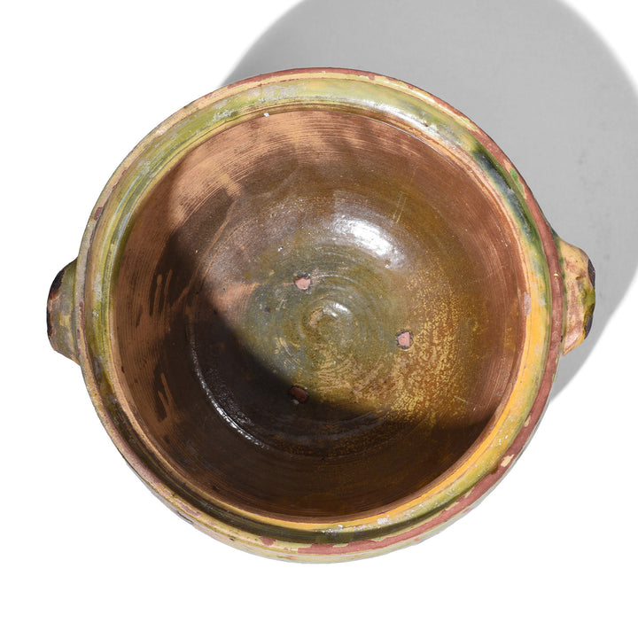 Interior Of Beige Rustic Sancai Glazed Terracotta Vessel From Yunnan Province With Twin Loop Handles And Naturally Aged Surface Patina | Indigo Antiques 