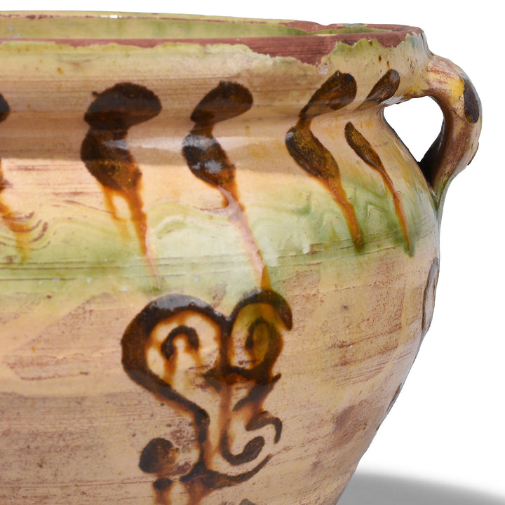 Detail From Beige Rustic Sancai Glazed Terracotta Vessel From Yunnan Province With Twin Loop Handles And Naturally Aged Surface Patina | Indigo Antiques 