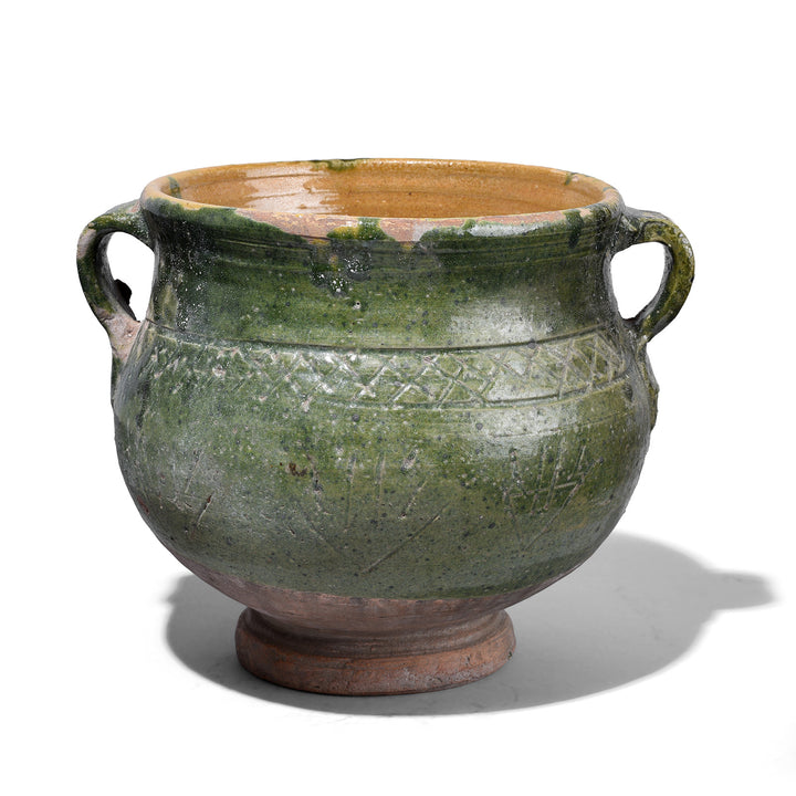 Green Rustic Sancai Glazed Terracotta Vessel From Yunnan Province With Twin Loop Handles And Naturally Aged Surface Patina | Indigo Antiques 
