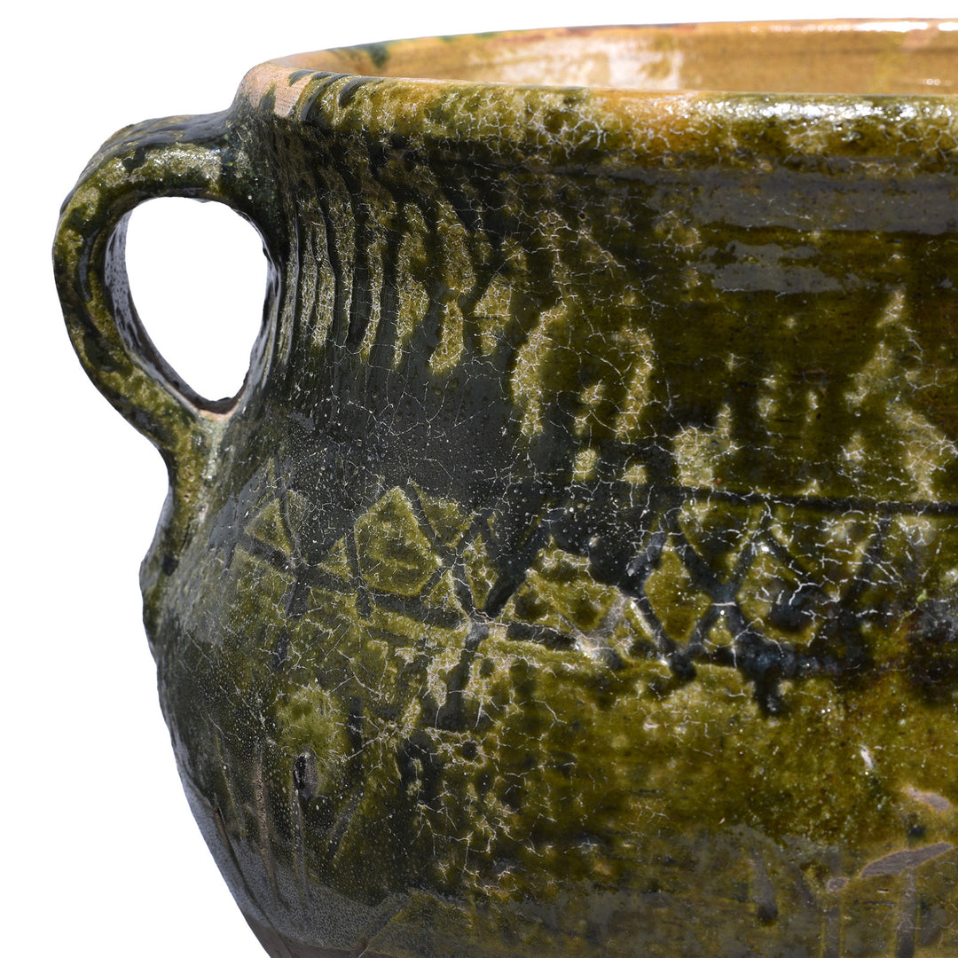 Detail From Green Rustic Sancai Glazed Terracotta Vessel From Yunnan Province With Twin Loop Handles And Naturally Aged Surface Patina | Indigo Antiques 