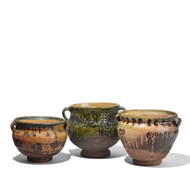Group Of Terracotta Rustic Sancai Glazed Terracotta Vessels From Yunnan Province With Twin Loop Handles And Naturally Aged Surface Patina | Indigo Antiques 