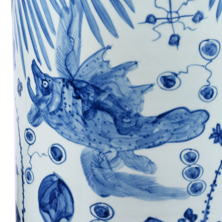 Fish Detail From Blue & White Porcelain Umbrella Stand | Indigo Antiques