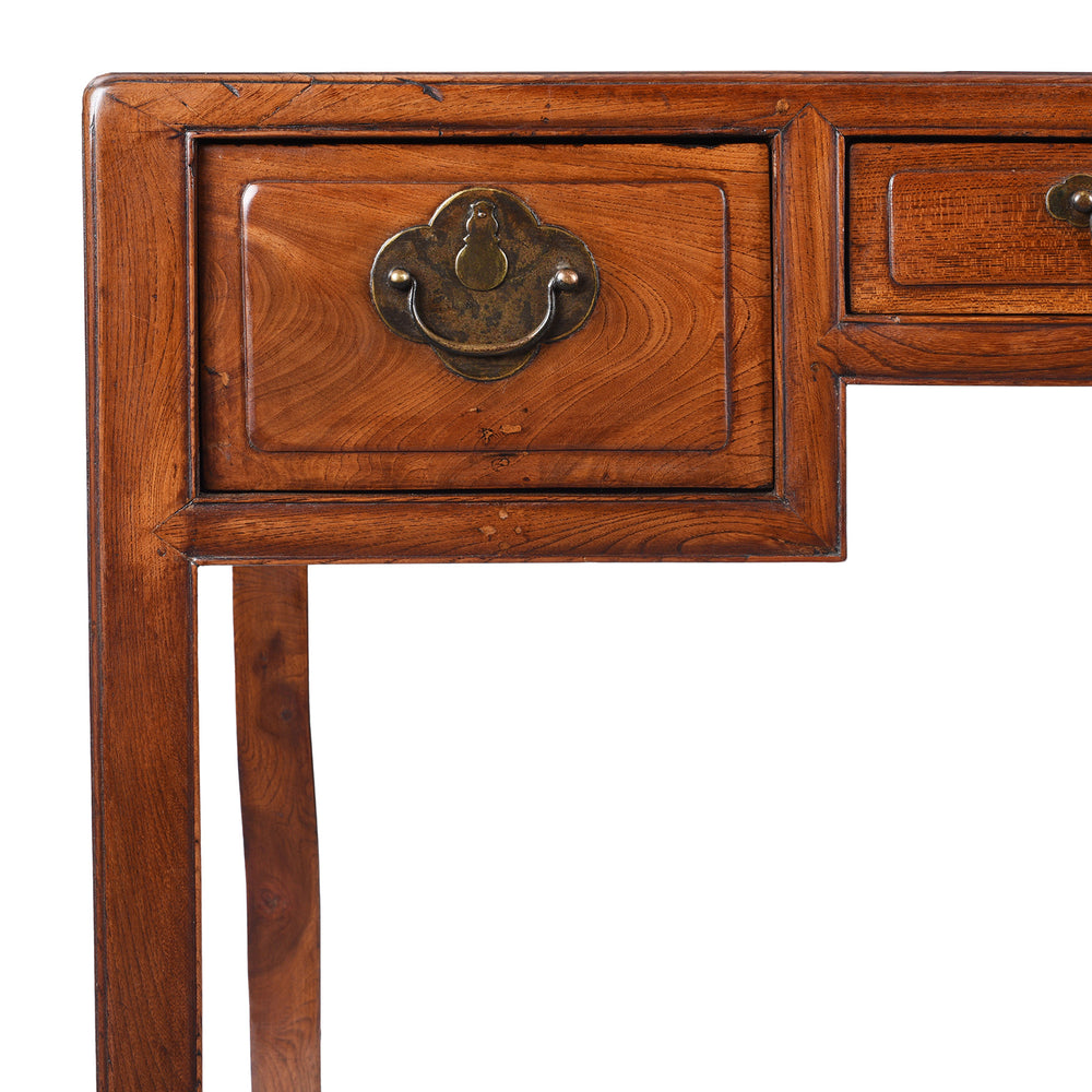 Corner Detail Showing Drawer On Antique Red Elm 3 Drawer Desk From Shanghai  | Indigo Antiques