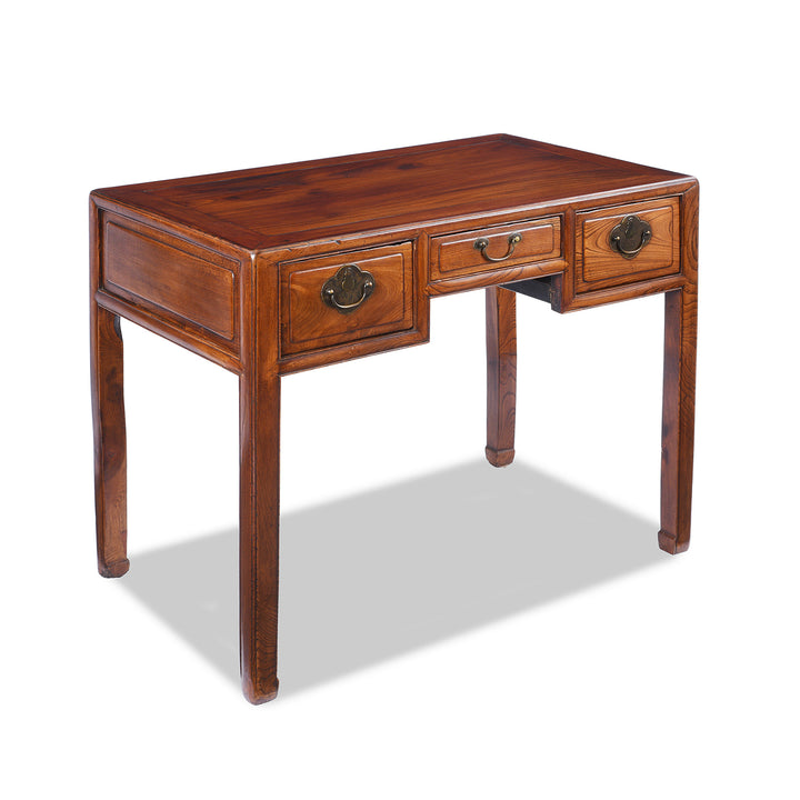 Angled View Of Antique Red Elm 3 Drawer Desk From Shanghai  | Indigo Antiques