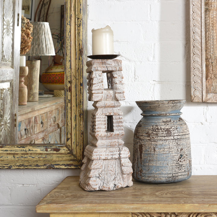 Carved Teak Indian Candlestick Made From An Old Charpoy Leg - 19thC | Indigo Antiques