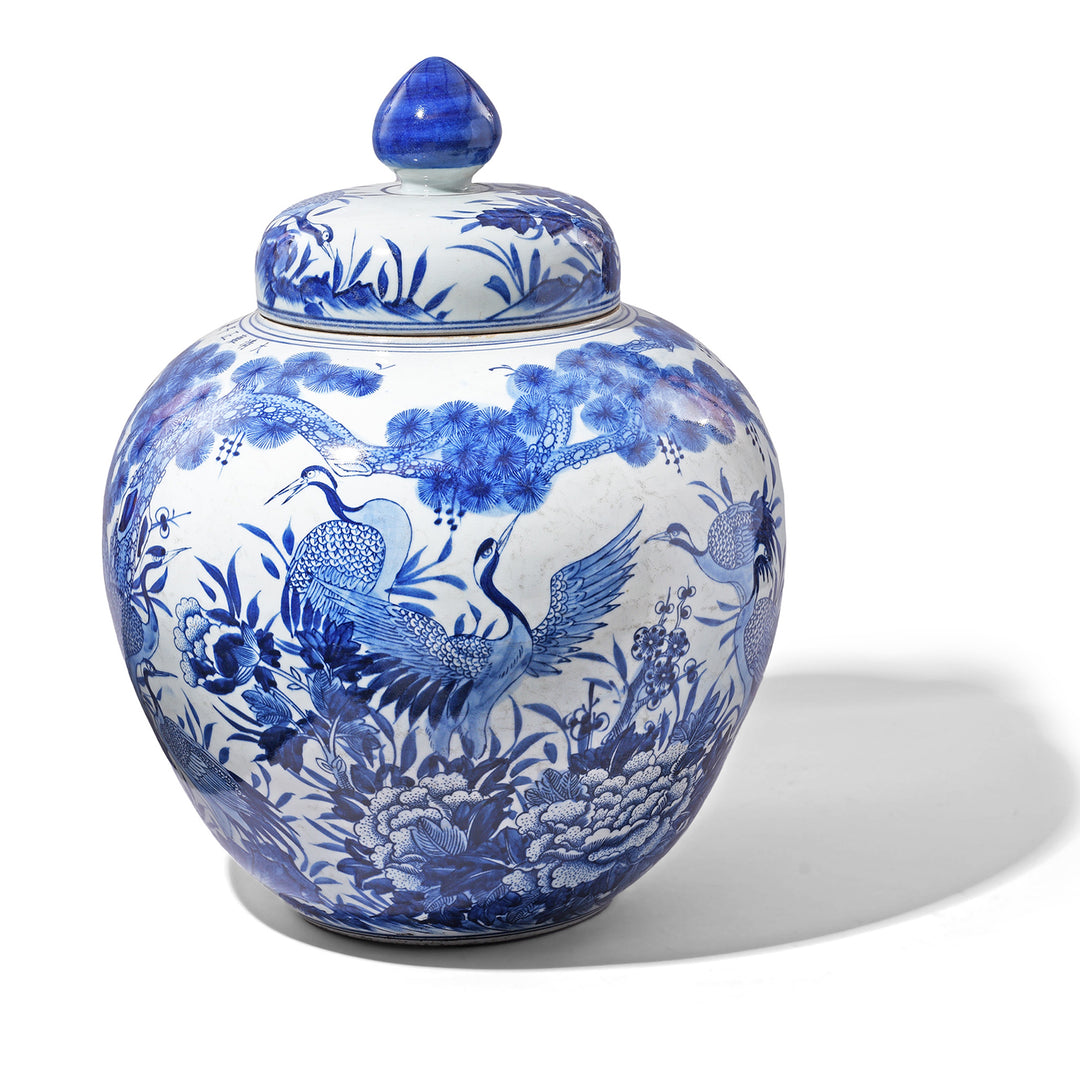 Blue & White Porcelain Temple Jar - Crane Design | Indigo Antiques