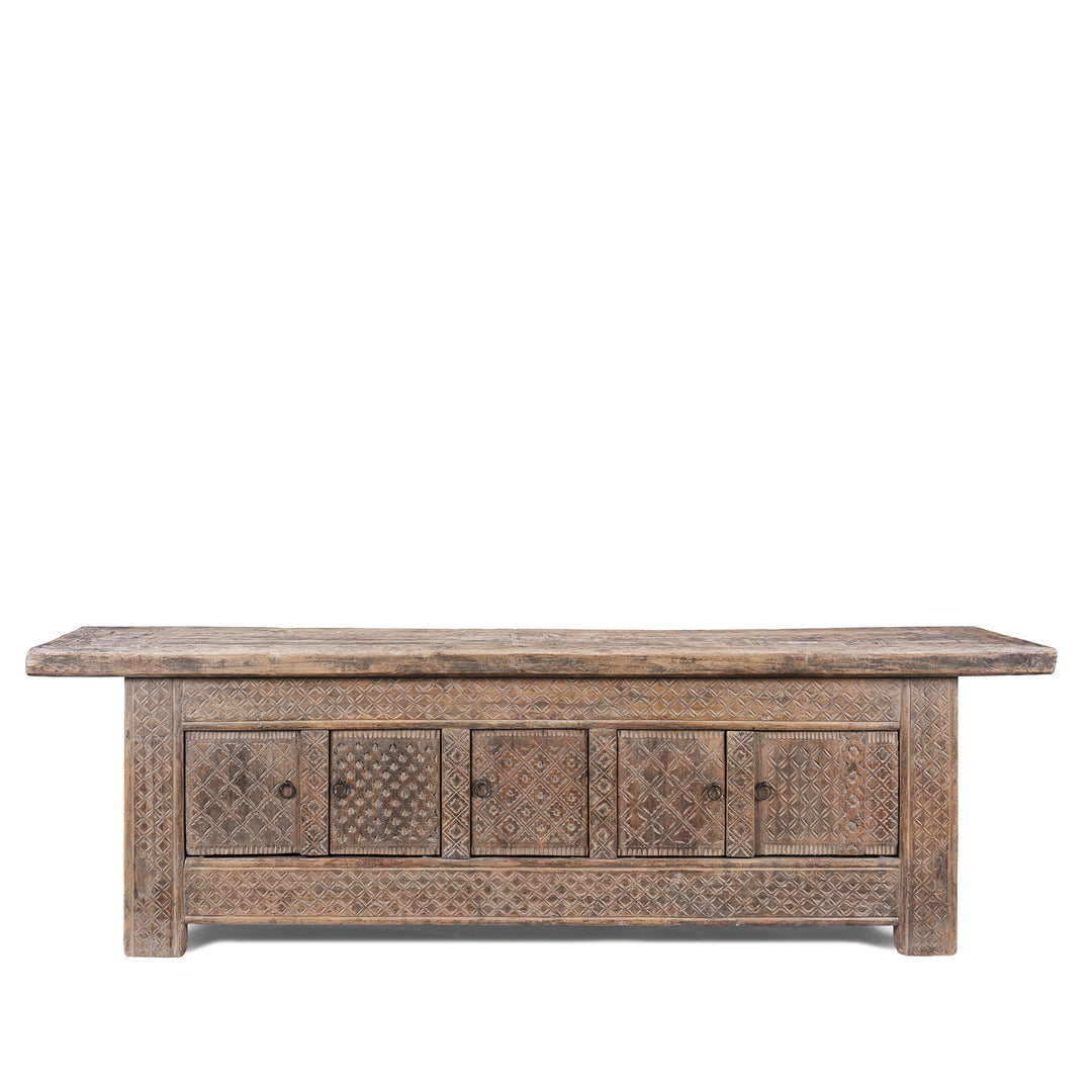 Carved 19th Century Xinjiang Low Sideboard Converted From Daybed With Geometric And Floral Carved Panels And Iron Ring Pulls | Indigo Antiques