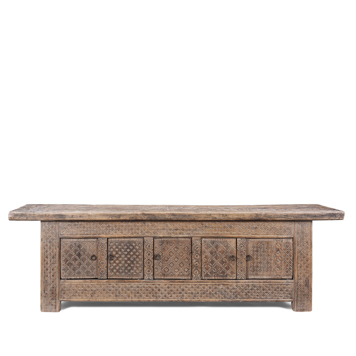 Carved 19th Century Xinjiang Low Sideboard Converted From Daybed With Geometric And Floral Carved Panels And Iron Ring Pulls | Indigo Antiques