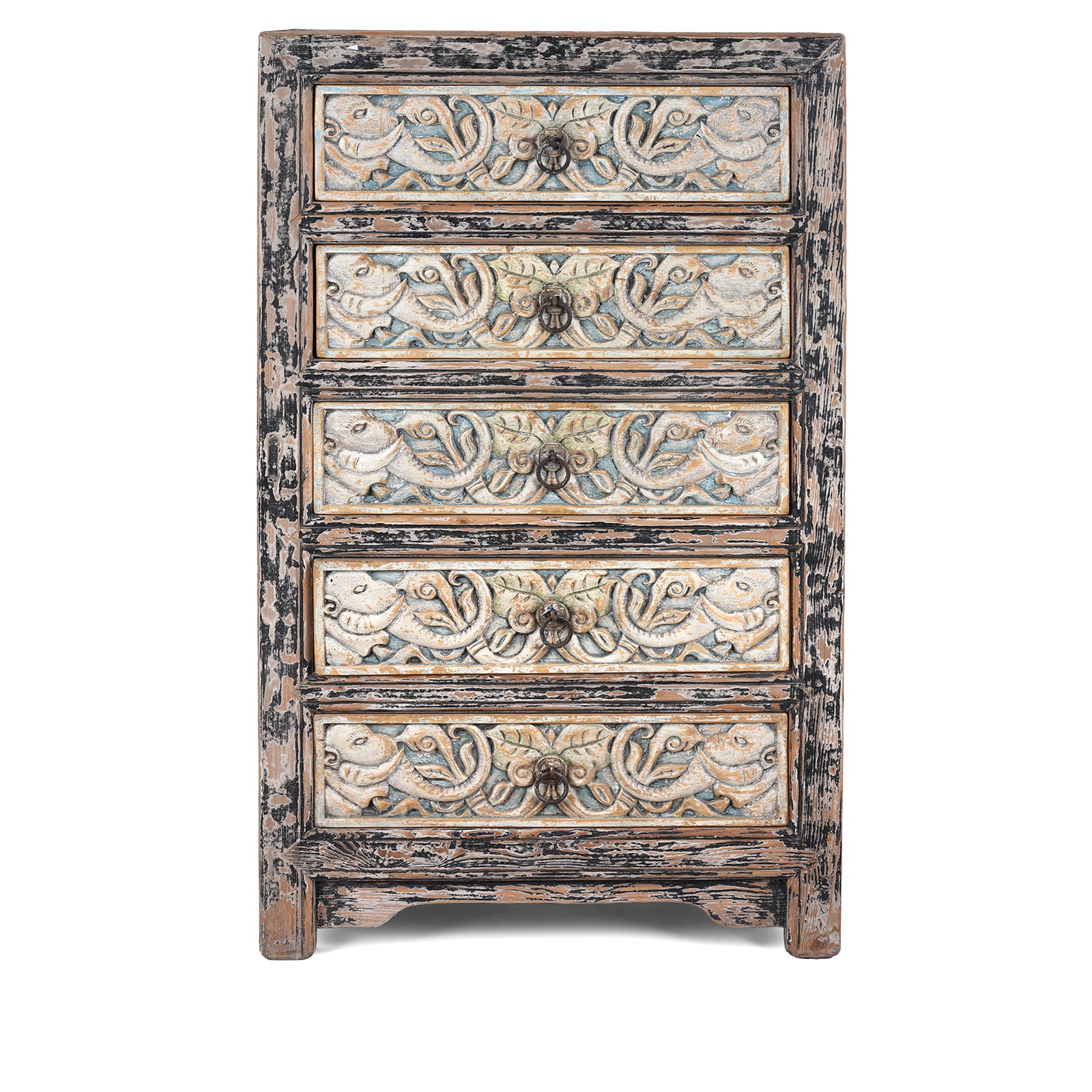 Hand-Carved Indian Chest Of Drawers With Floral Motifs And Distressed Painted Finish
