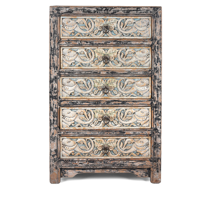 Hand-Carved Indian Chest Of Drawers With Floral Motifs And Distressed Painted Finish