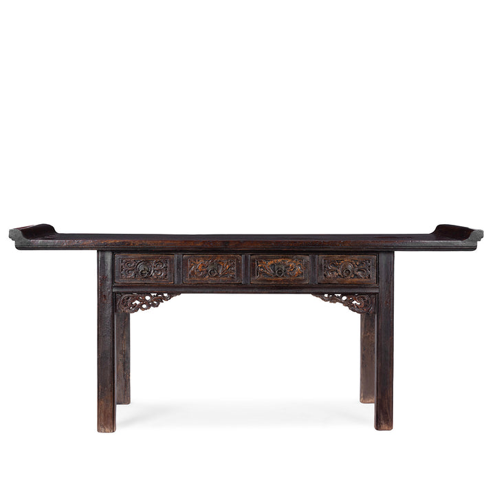 Carved Elm Shanxi Altar Table With Floral Drawers And Dark Patinated Lacquer | Indigo Antiques