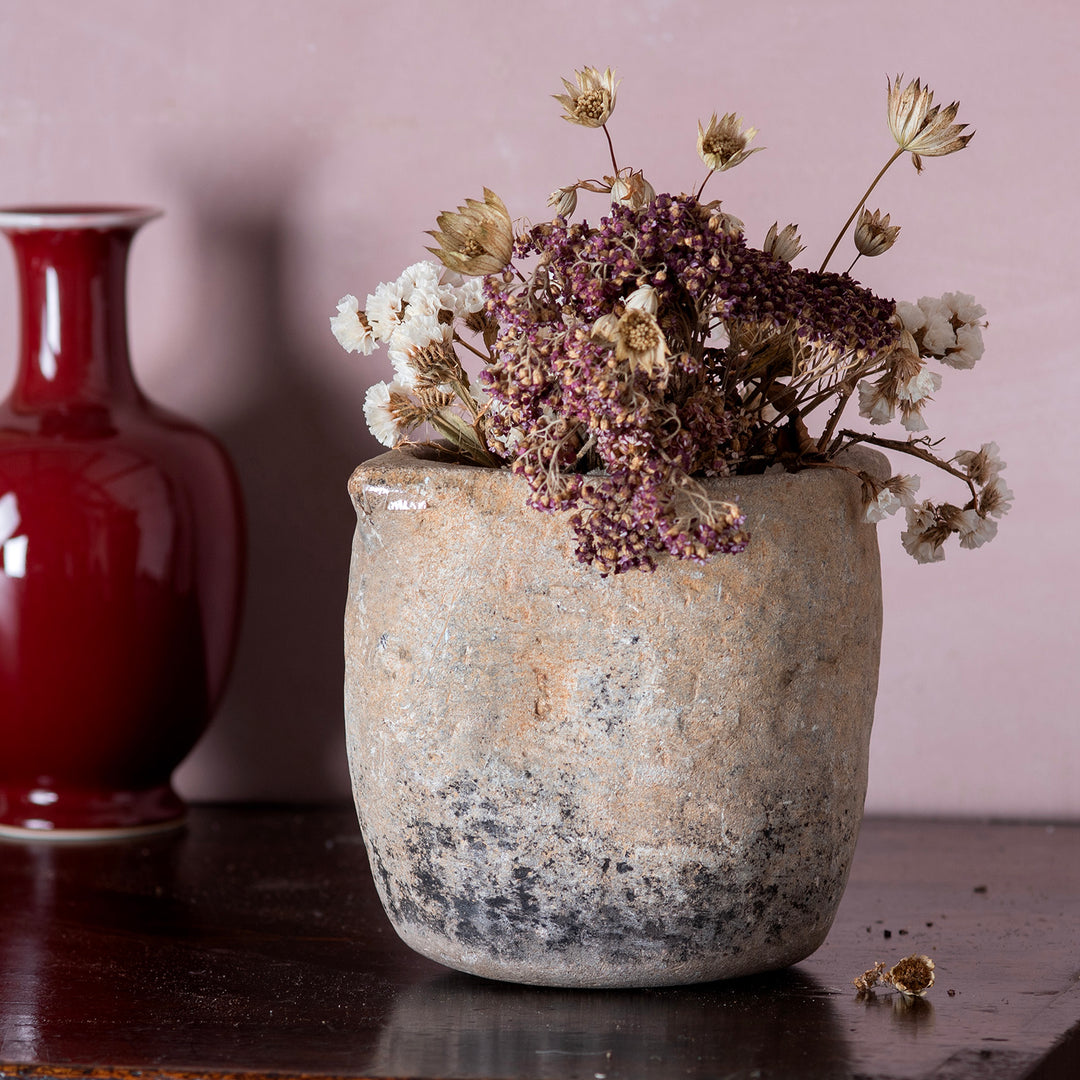 Carved Stone South Indian Pot With Flared Rim And Weathered Surface