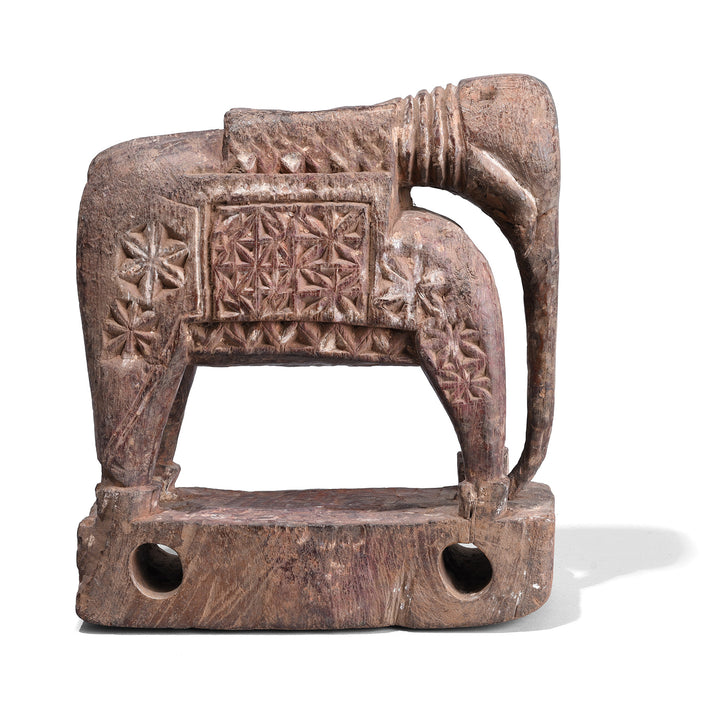 Hand Carved Wooden Indian Elephant Made From Teak With Geometric Pattern Detailing