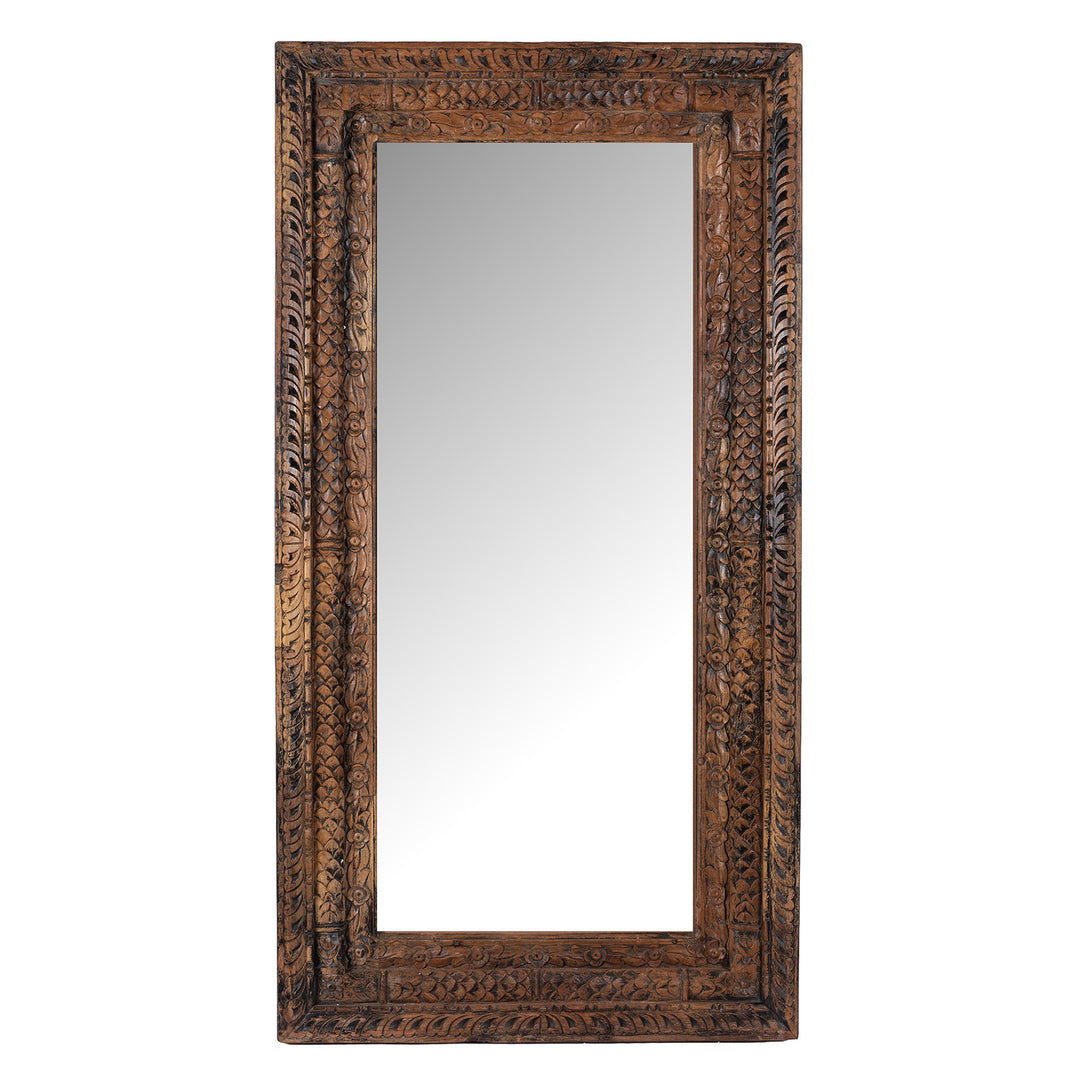 Carved Mirror Made From Reclaimed Teak Wood With Floral Detailing From Gujarat