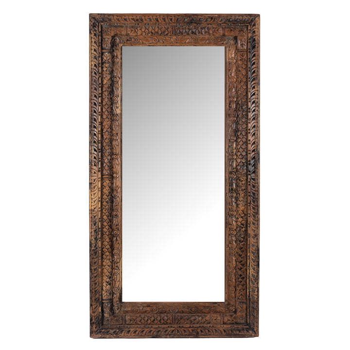 Carved Mirror Made From Reclaimed Teak Wood With Floral Detailing From Gujarat