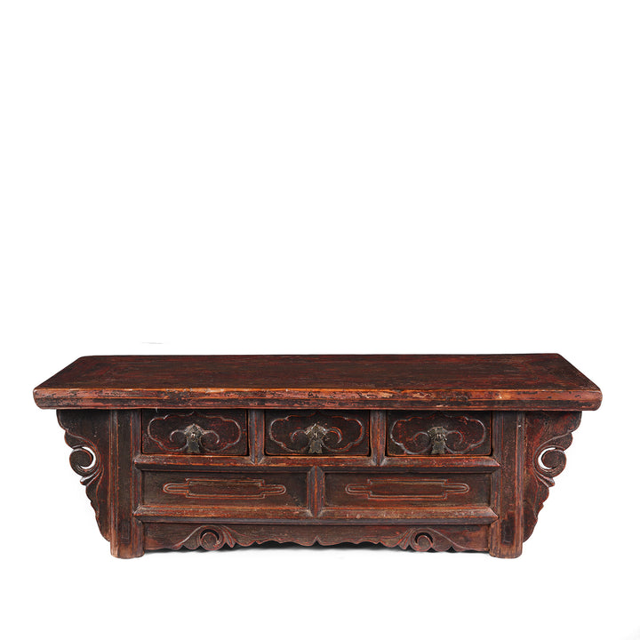 Carved Red Lacquer Elm Kang Table From Shanxi With Three Drawers