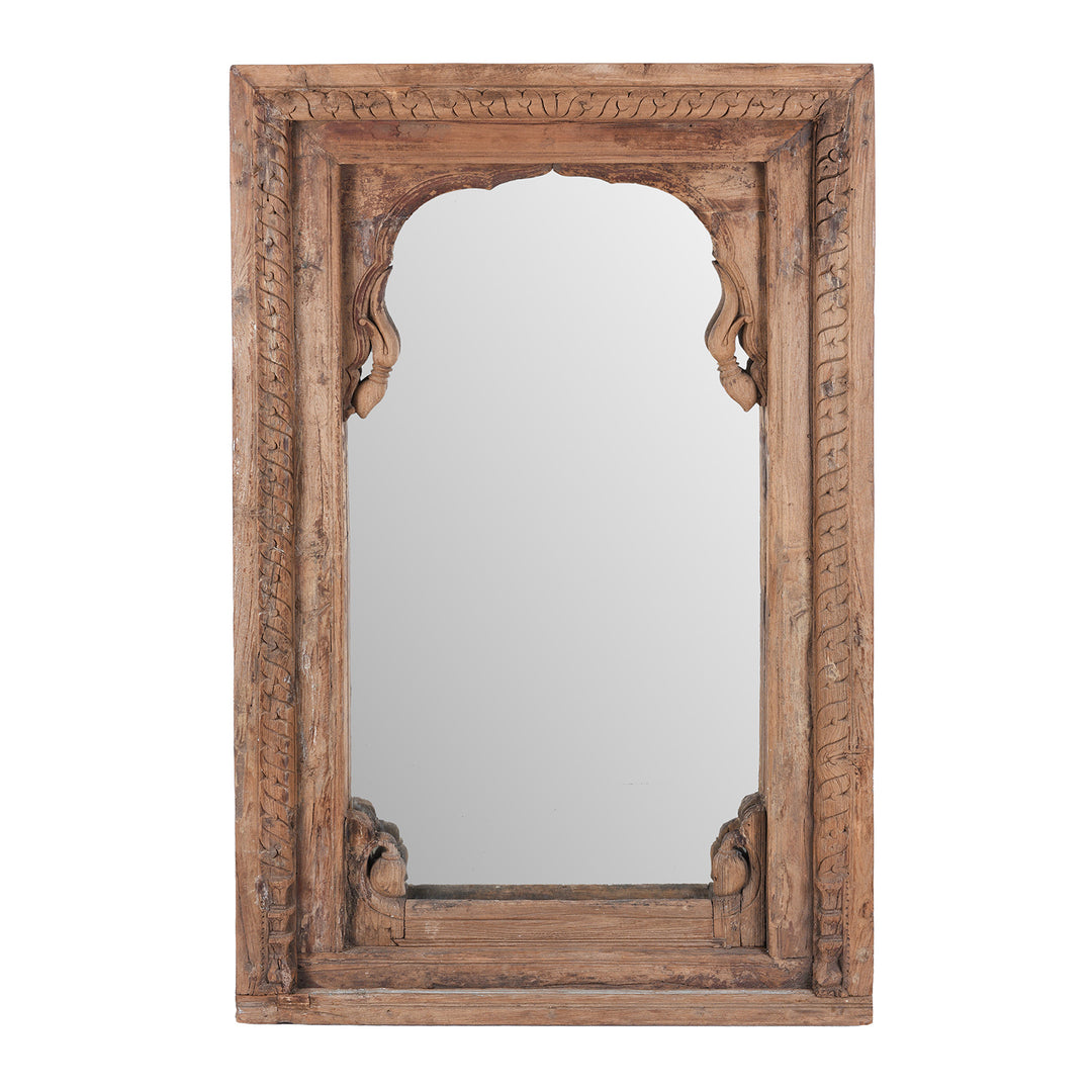 Carved Roheda Wood Mirror From Shekhawati Rajasthan With Mughal Arch And Floral Detailing