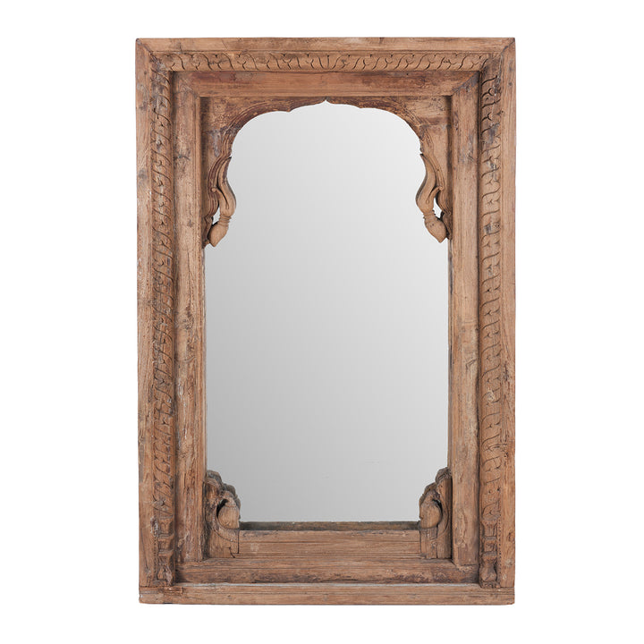 Carved Roheda Wood Mirror From Shekhawati Rajasthan With Mughal Arch And Floral Detailing