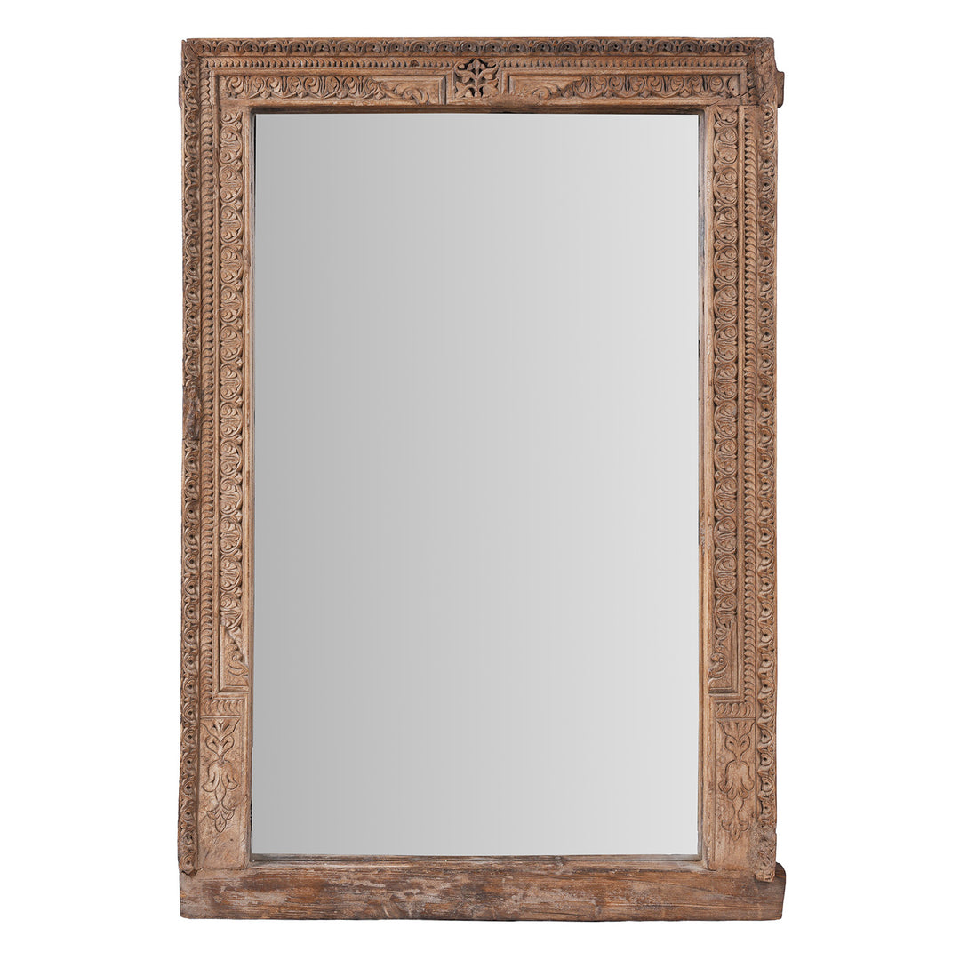 Carved Roheda Wood Shekhawati Mirror With Mughal Style Foliate Detailing