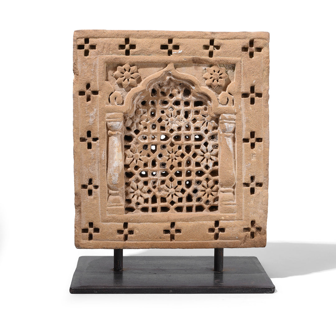 Carved Sandstone Jali Panel From Jaisalmer Rajasthan With Geometric And Floral Latticework Mounted On Iron Stand