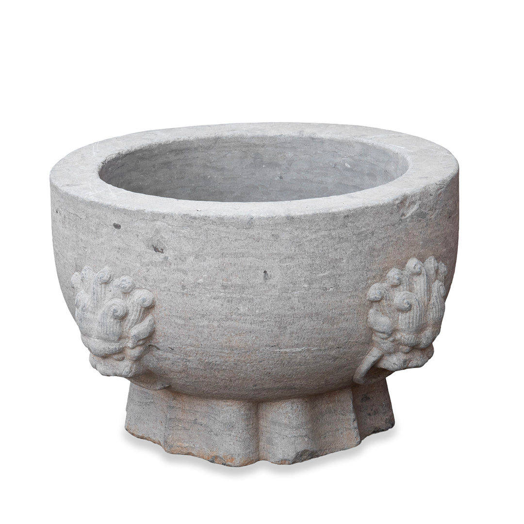 Carved Stone Chinese Planter With Rounded Body Flared Base And Stylised Lotus Motifs