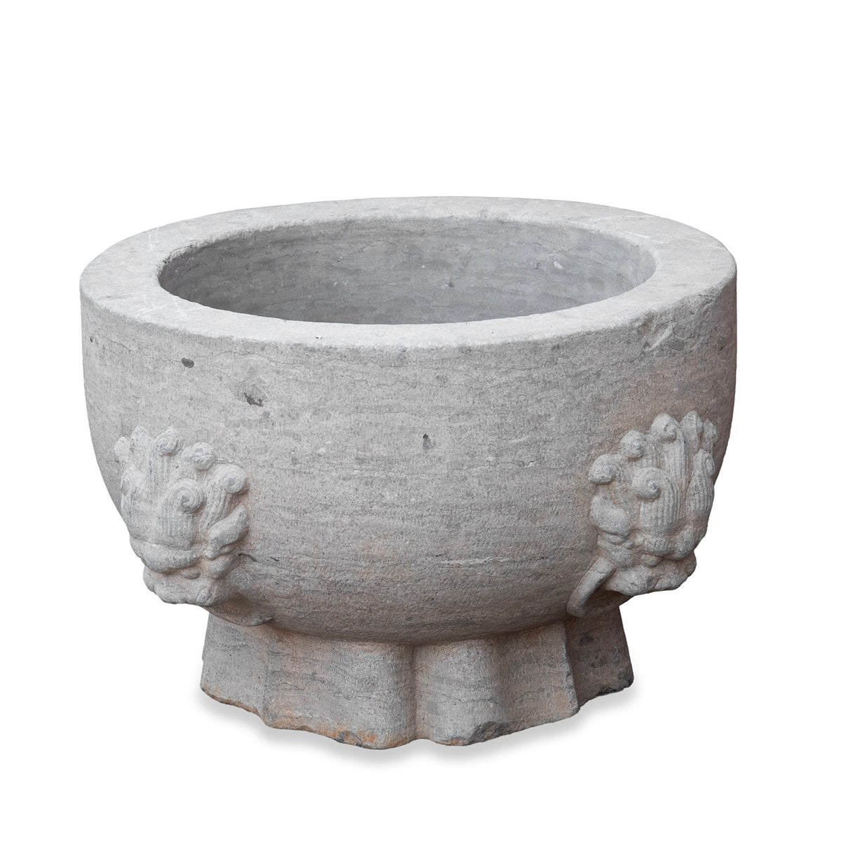 Carved Stone Chinese Planter With Rounded Body Flared Base And Stylised Lotus Motifs