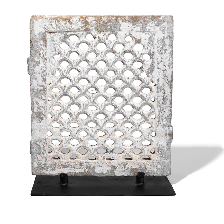 Carved Stone Jali Fretwork Panel From Dungarpur Rajasthan Mounted On Iron Stand