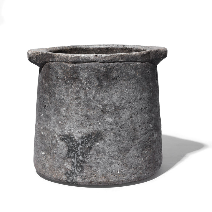 Carved Stone South Indian Pot With Thick Walls And Weathered Surface