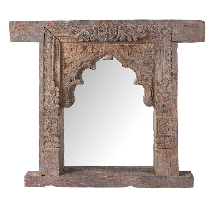 Carved Teak Andhra Pradesh Window Frame Mirror With Arched Opening 19Th Century