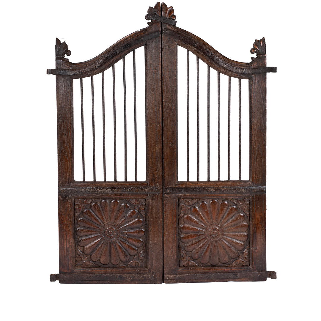 Carved Teak Dog Gates From Gujarat With Floral And Sunburst Panels 19th Century