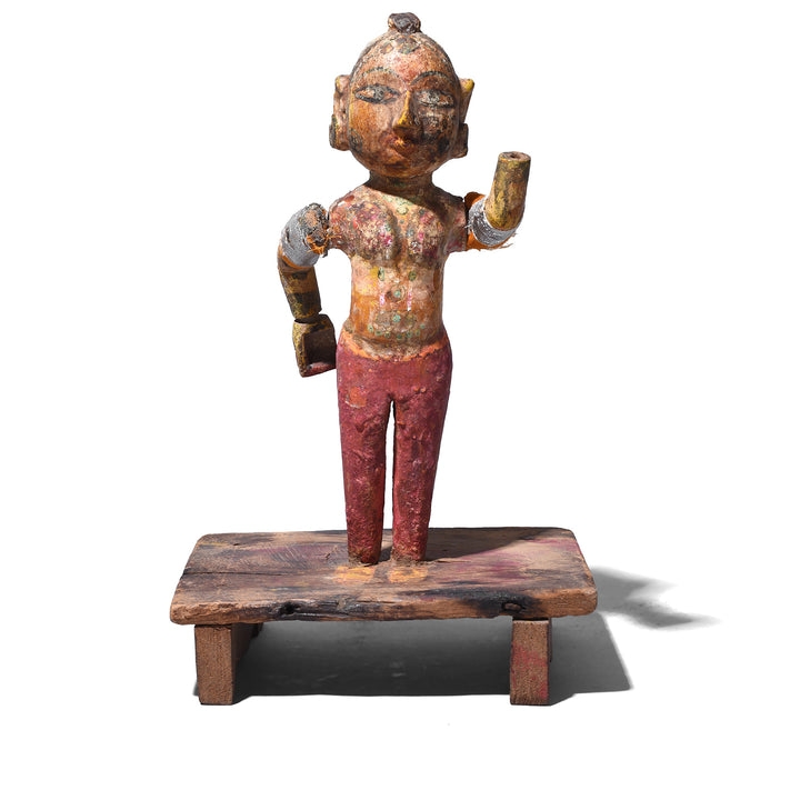 Carved Teak Gangaur Figure With Traditional Dress Makeup And Long Tied Back Hair From Jodhpur 19Th Century