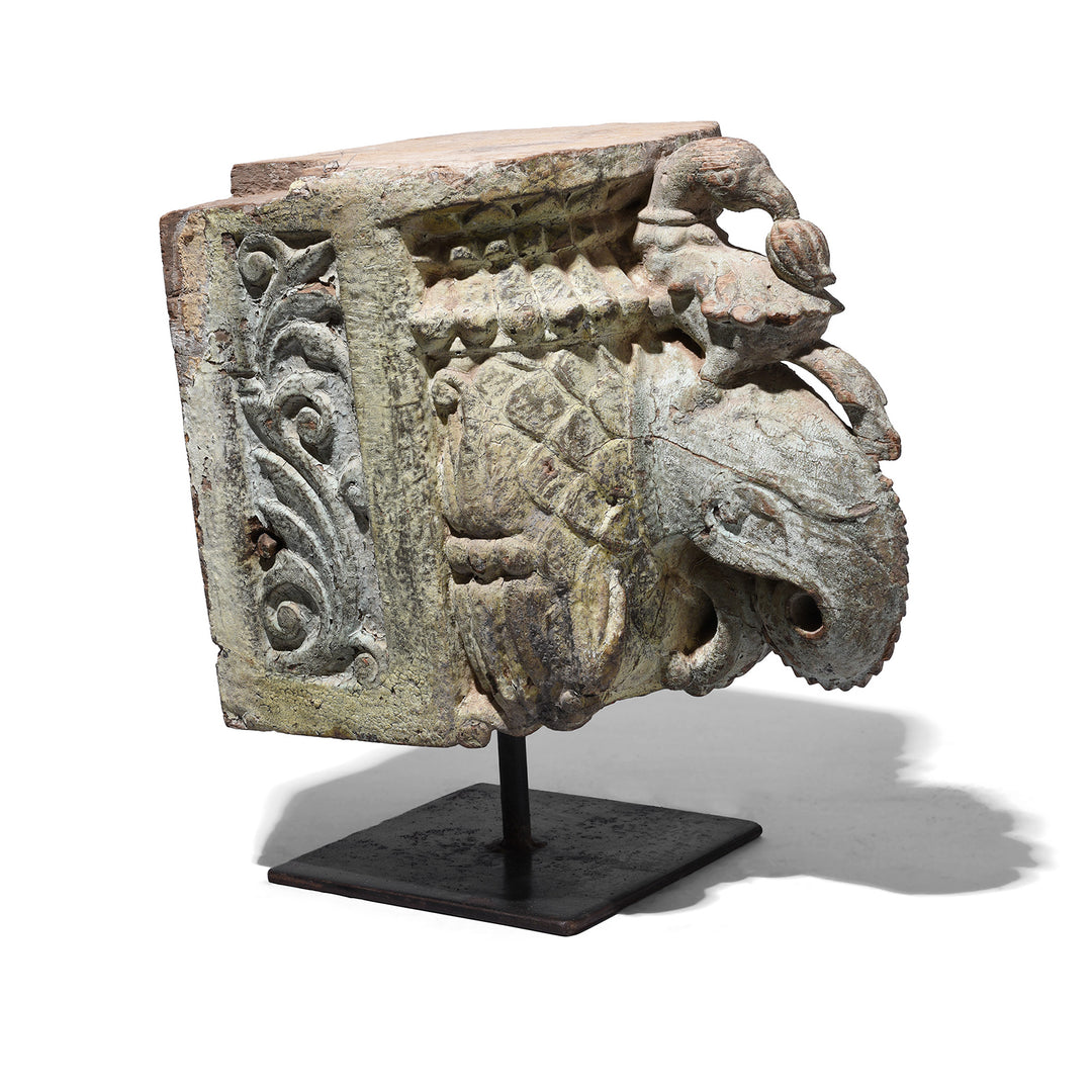Carved Teak Gujarati Elephant Corbel With Parrot And Floral Motifs On Stand
