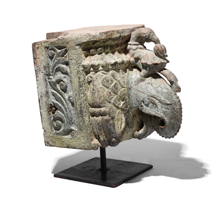 Carved Teak Gujarati Elephant Corbel With Parrot And Floral Motifs On Stand