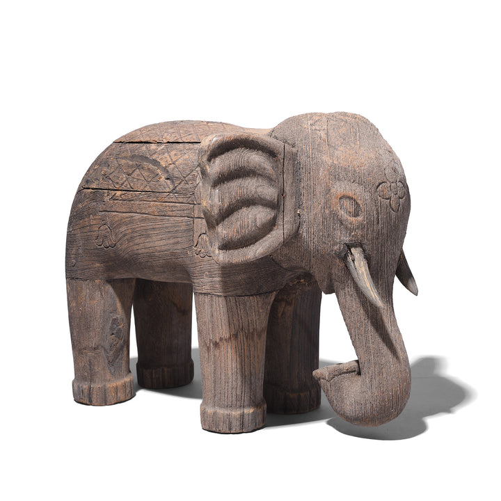 Carved Teak Gujarati Elephant With Floral Motif And Incised Decoration
